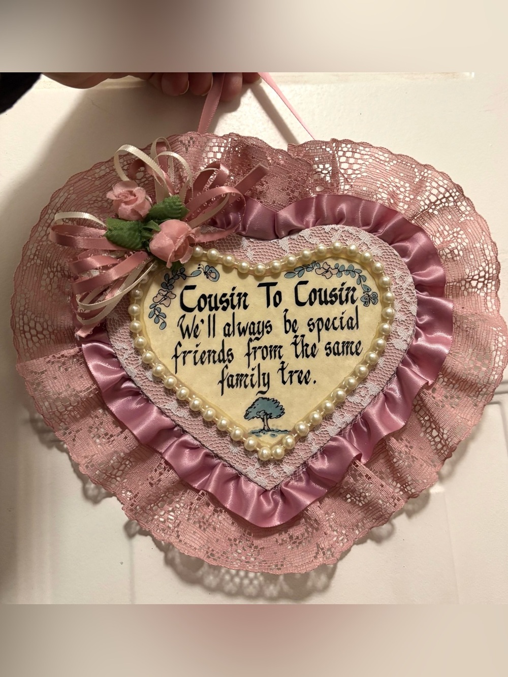 Heart-Shaped Pink Lace Wall Hanging "Cousin To Cousin"
